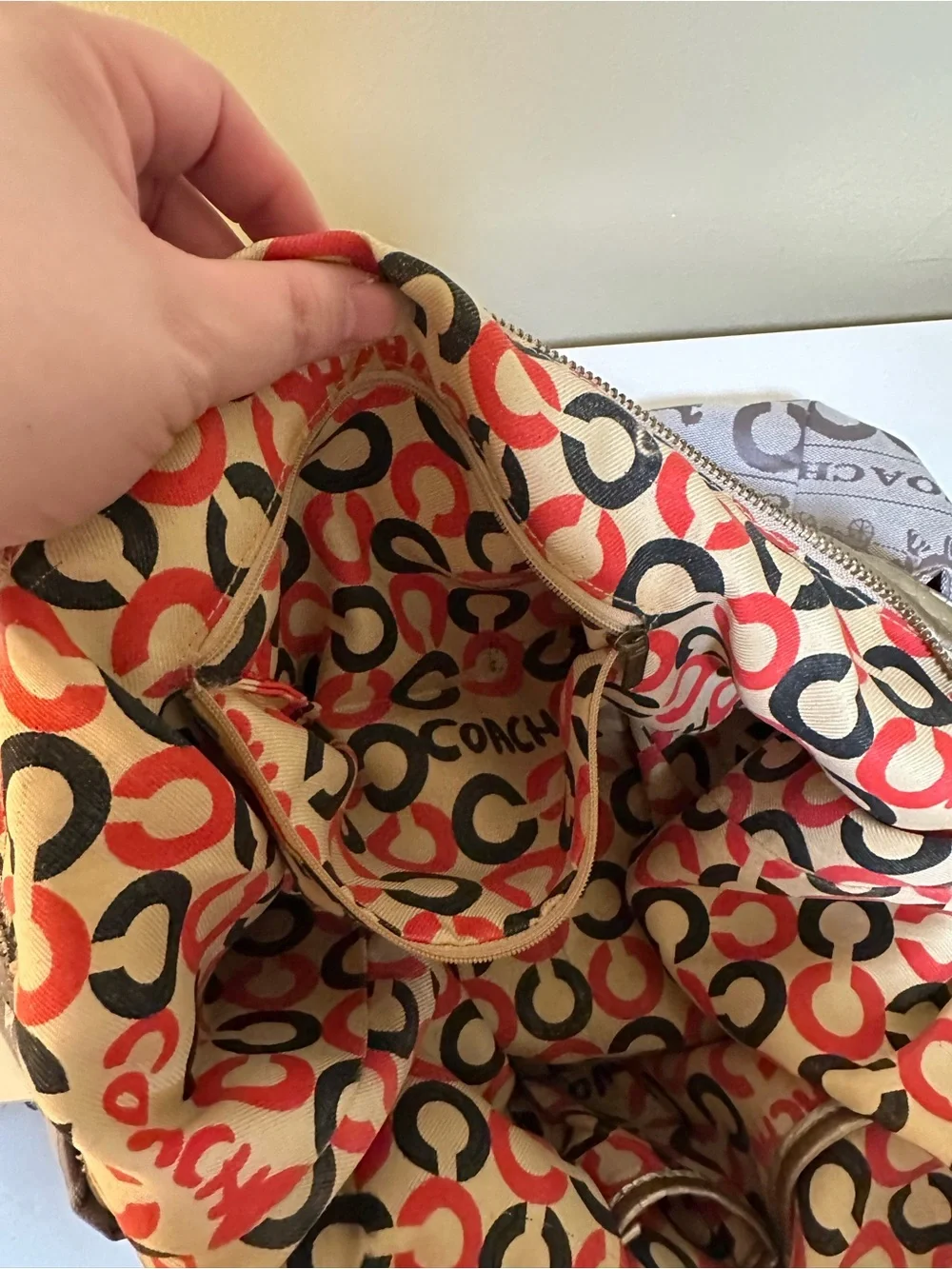 Coach Taupe Signature Tote with Metallic Gold Bow Accents